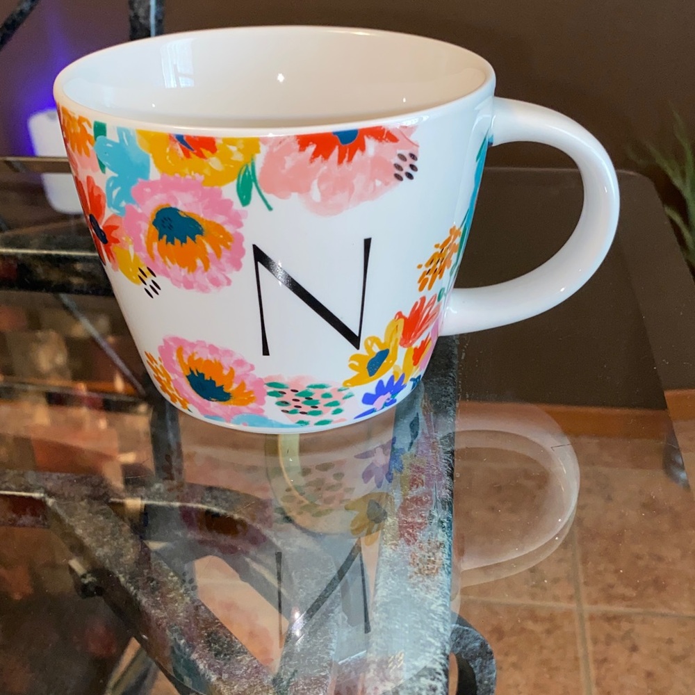 Monogram Floral Ceramic Coffee Mug - White with Multicolor Flowers (Letter N)